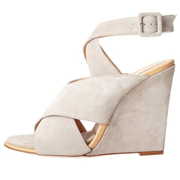 Diane von Furstenberg gray suede wedge strappy sandals, 9 - Picture 2 of 12